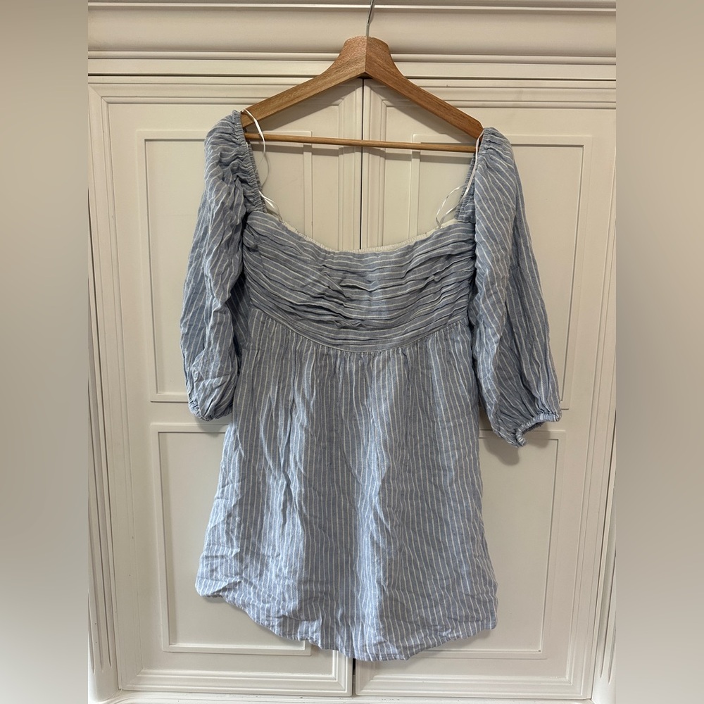 Abercrombie Emerson Linen-Blend Off-The-Shoulder Mini Dress Blue & White Stripes